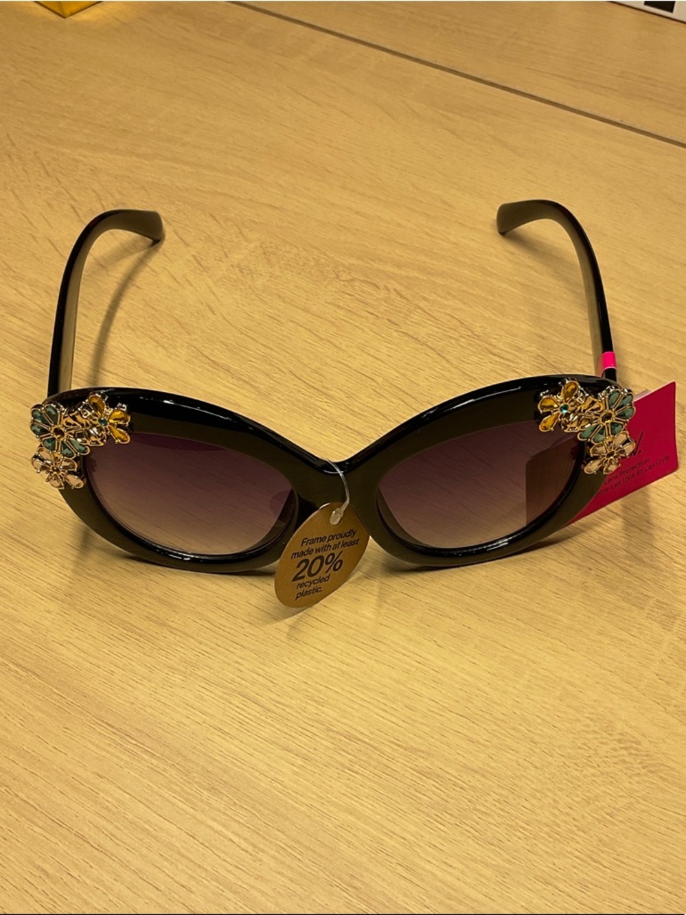 Betsey Johnson Black Sunglasses with Gold & Turquoise Floral Accents